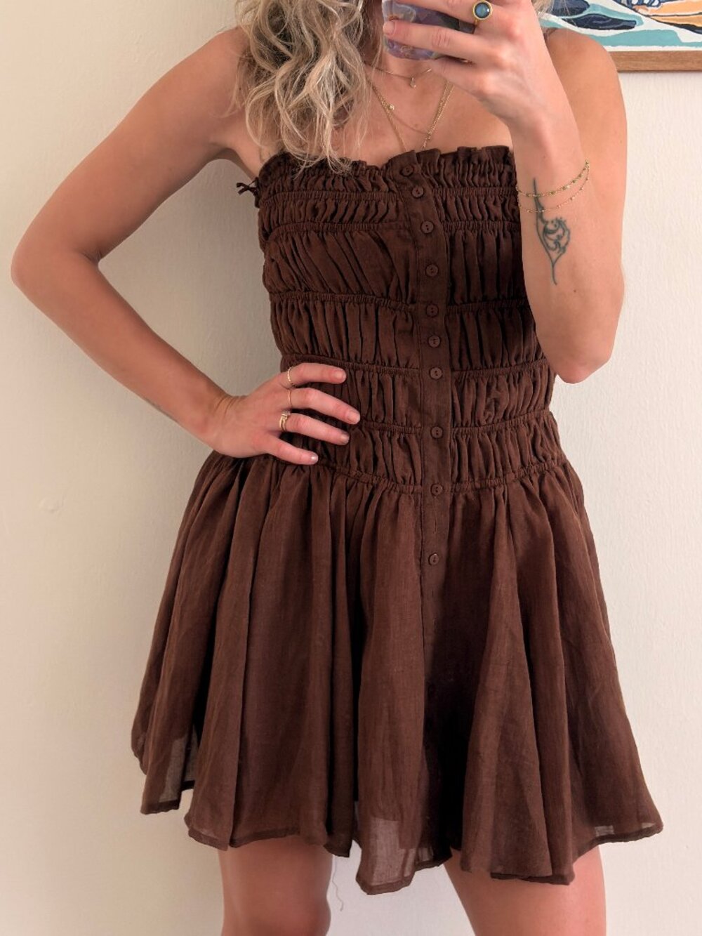 12th Tribe Smocked Mini Dress Brown XS Ruched Button Front NWT